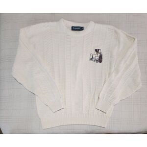 Vintage Carmel Golf‎ Sweater Embroidered Med Cotton USA Ivory Crew Chunky Cable